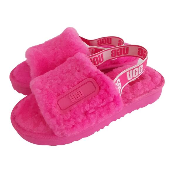 UGG Disco Slide Sandals Girls 3 Neon Taffy Pink Platform Slingback Slipper Teddy - Picture 1 of 8
